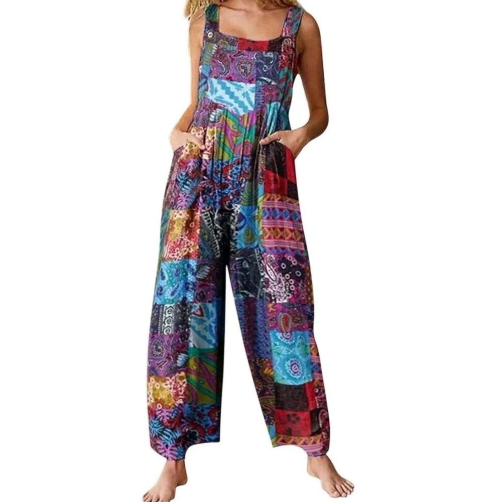 Patchwork Print Overalls Lightweight Boho‎ Hippie Festival Women's Small pockets